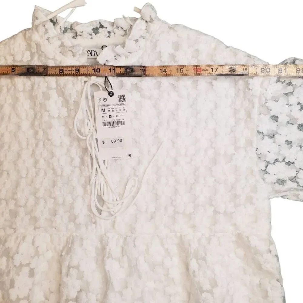 Zara Flower Lace Textured Long Sleeve Babydoll Mini Dress Size M